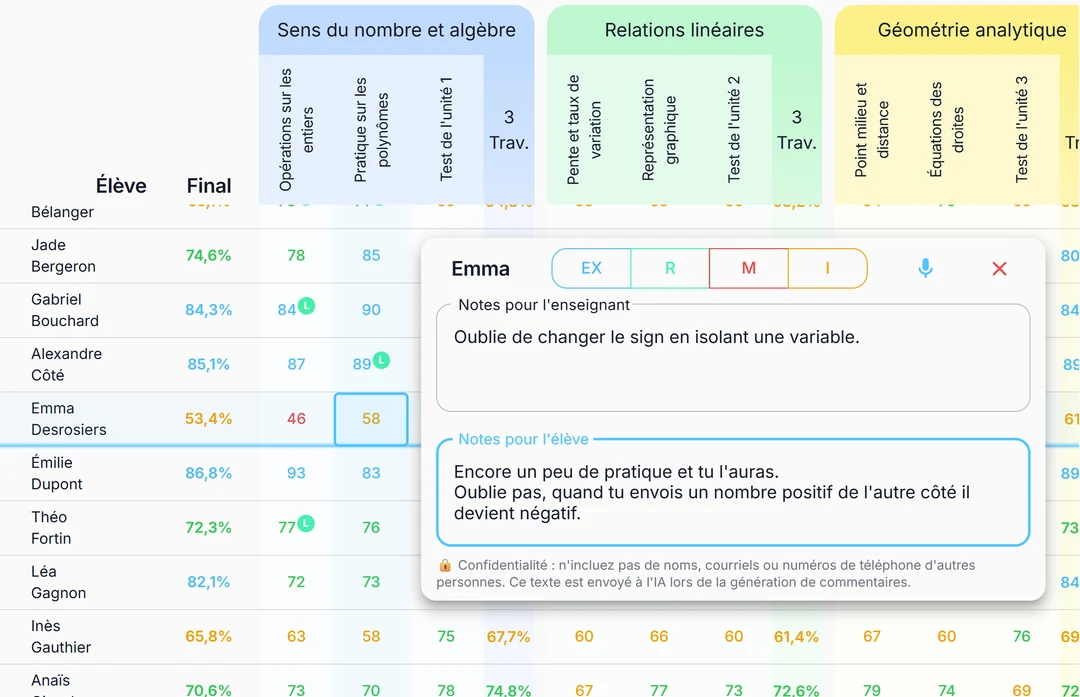 Le carnet de notes de Gradefully avec le panneau de remarques ouvert sur le résultat d'un élève, montrant des notes pour l'enseignant et des notes pour l'élève.