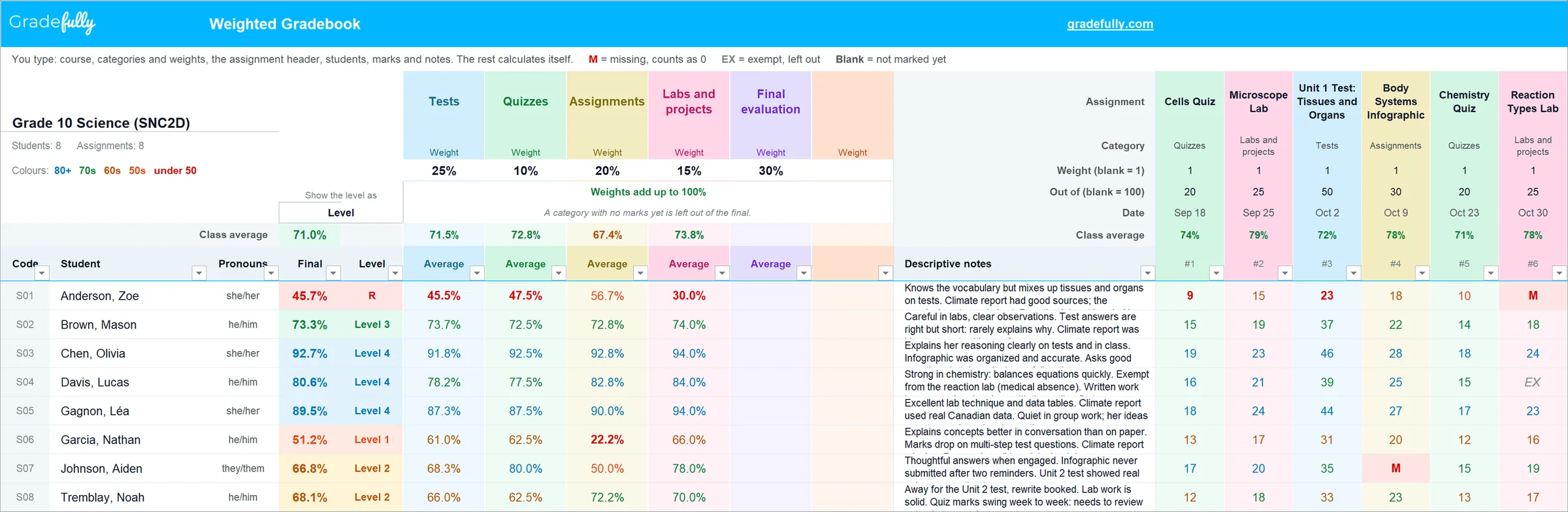 The Gradebook tab of the template: a cyan Gradefully bar, five weighted categories across the top, and a class of eight students with a final mark, a level, category averages and marks coloured by level.